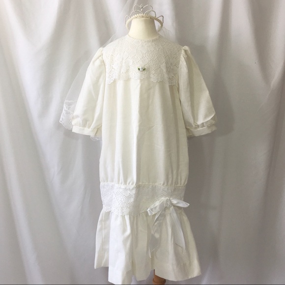 Vintage 80s Just Peachy White Dress Communion Veil - Picture 5 of 13